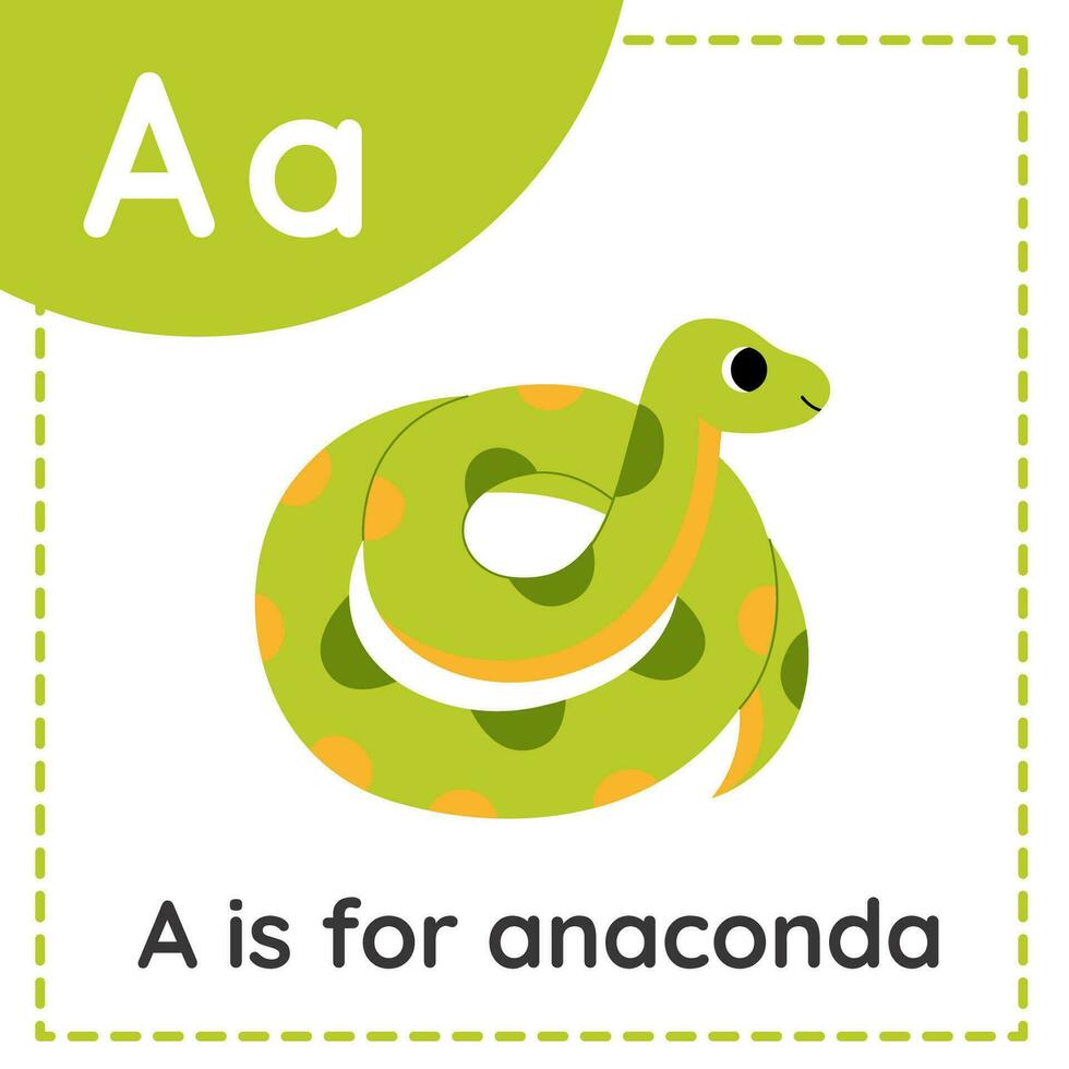 Aprendendo Inglês alfabeto para crianças. carta uma. fofa desenho animado anaconda. vetor