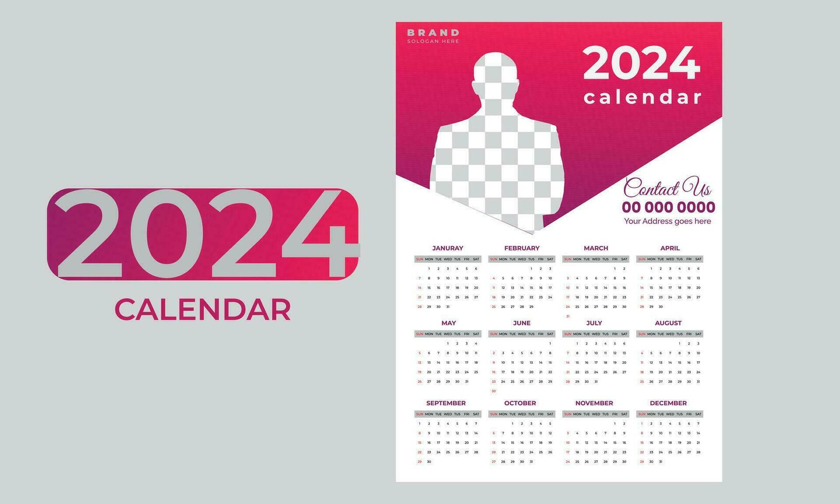 calendário ano 2024, domingo começa em Domingo. simples calendário layout. escrivaninha planejador modelo com 12 meses. anual diário. vetor ilustração livre vetor