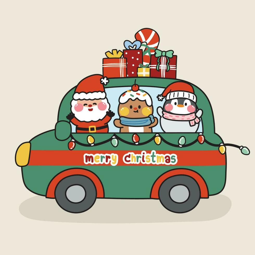 ônibus com presente caixa mão desenhado dentro Natal conceito.novo ano festival.cute santa Noel, pão de gengibre, pinguim desenho animado.animal personagem design.kid gráfico.kawaii.vetor.ilustração. vetor