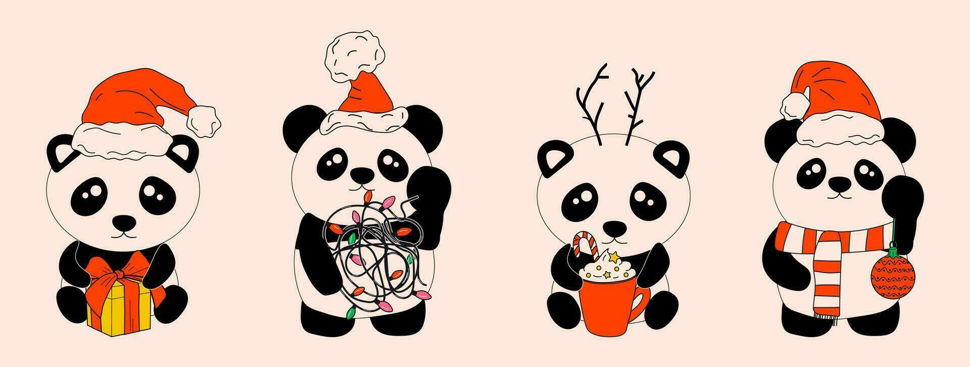 conjunto do panda com decoração Natal. ilustração do a kawaii. vetor. vetor