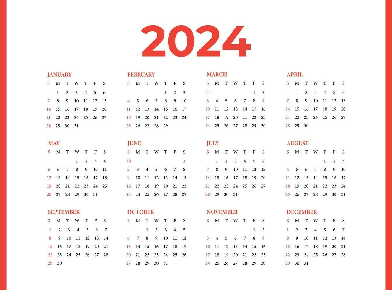 calendário Projeto para 2024 ano, por mês calendário modelo, calendário 2024 modelo vetor, calendário 2024 semana começar Domingo, planejador para 2024 ano. vetor