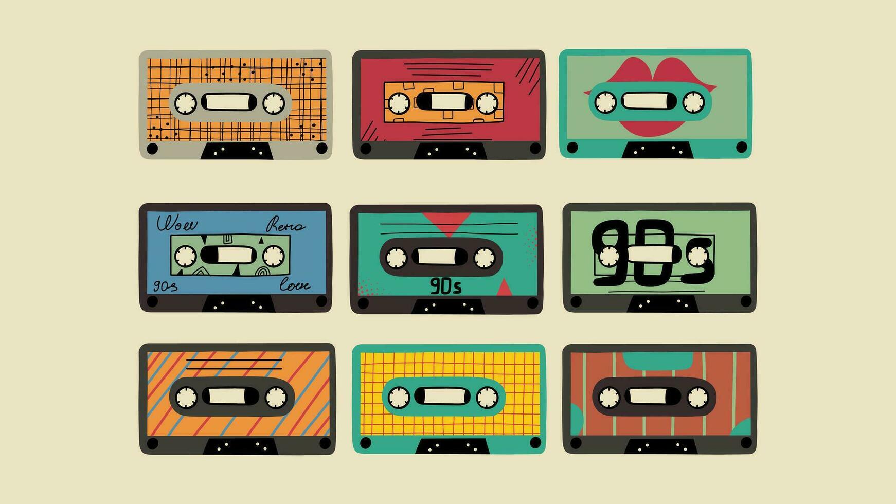 conjunto do retro Projeto audio cassetes. coleção do elementos década de 1990, 1980. vintage adesivos, ícones. vetor ilustração dentro plano estilo