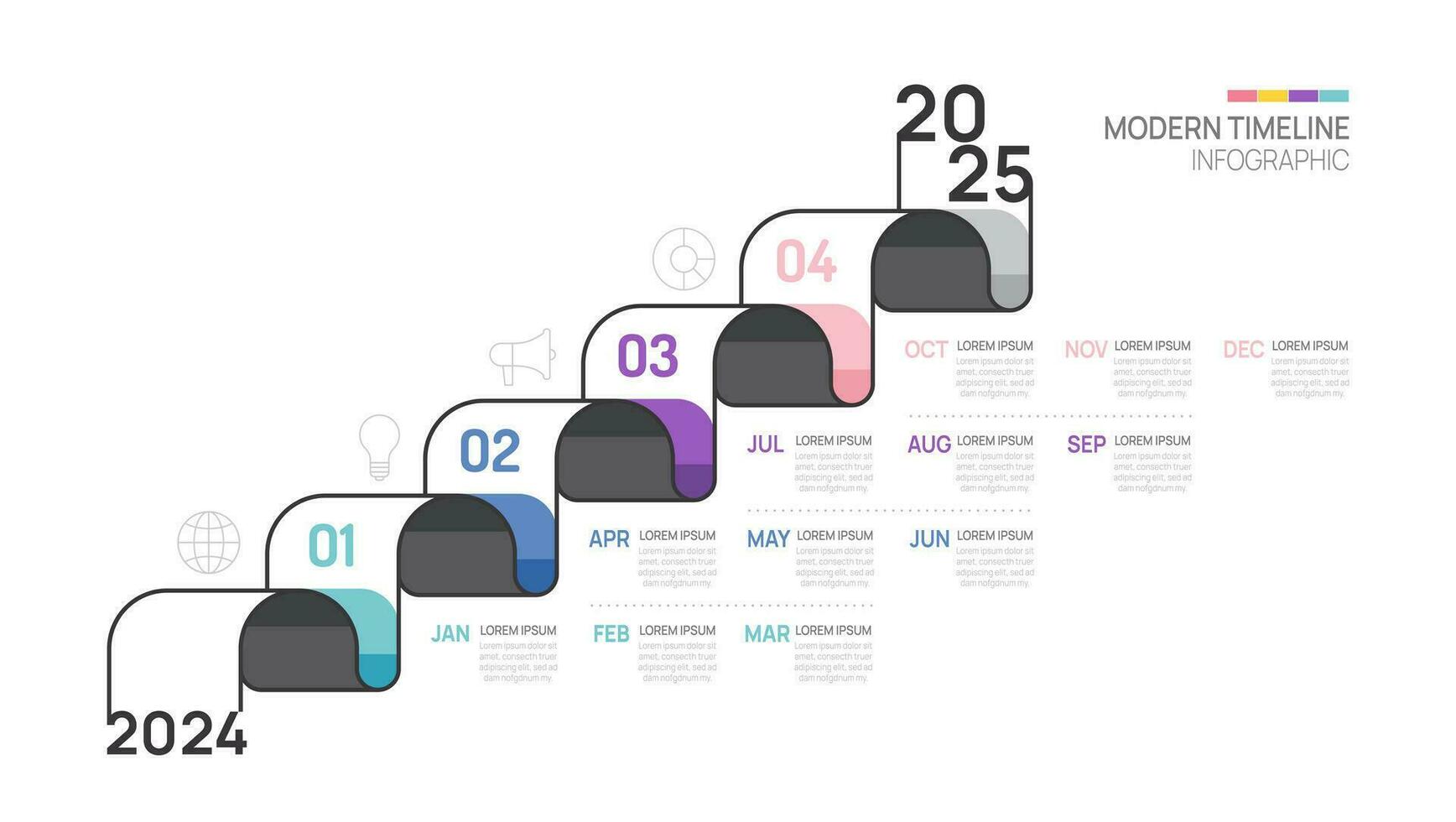 o negócio degrau Linha do tempo infográfico seta modelo. moderno Marco histórico elemento Linha do tempo diagrama calendário e 4 trimestre tópicos, vetor infográficos.