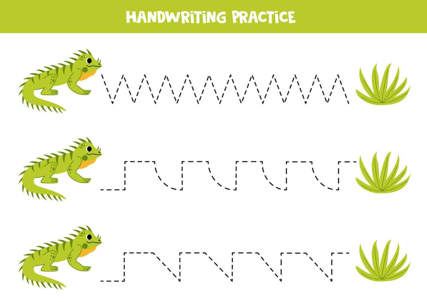 rastreamento linhas para crianças. fofa desenho animado iguana e arbusto. caligrafia prática. vetor