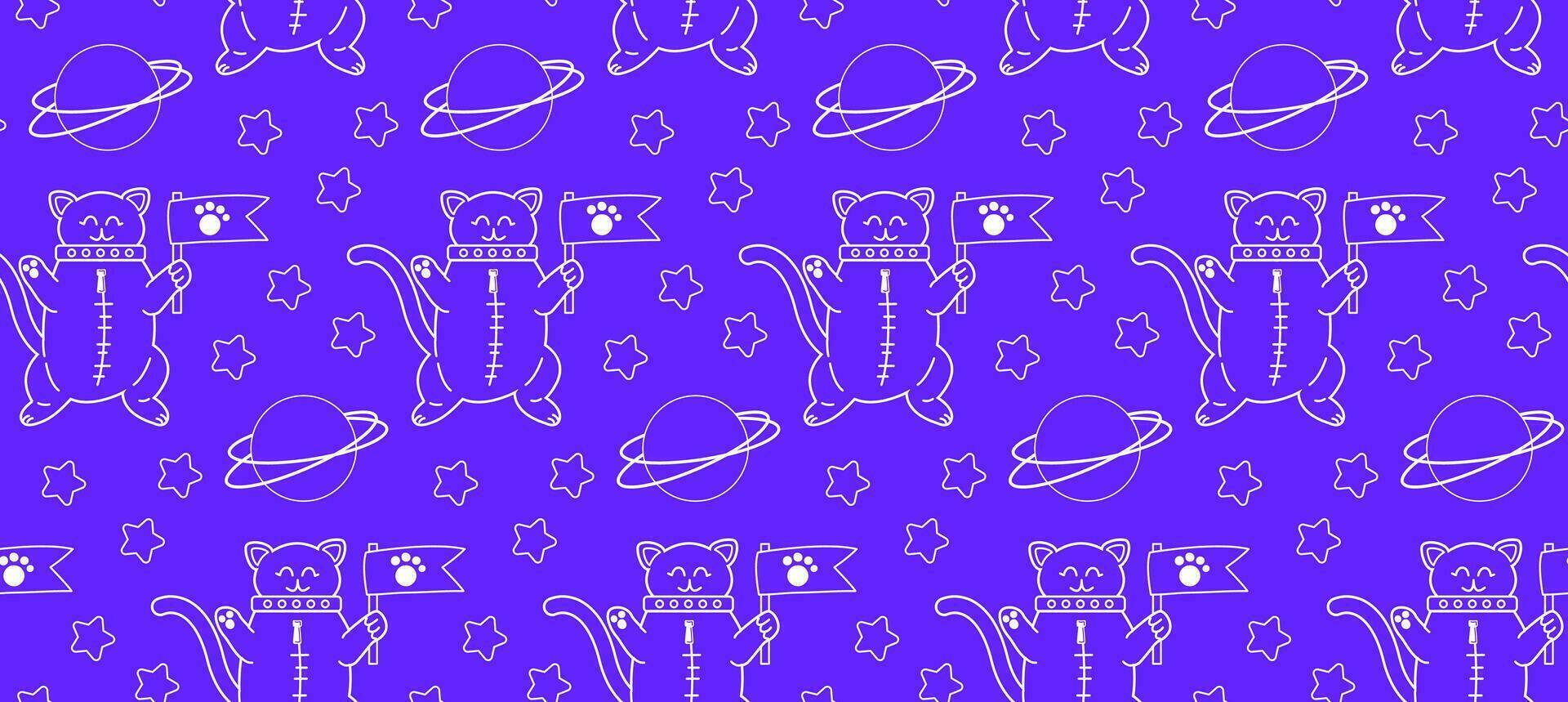 desatado padronizar dentro rabisco estilo. vetor fundo com uma gato dentro espaço. personagem do uma fofa gato dentro a astronauta terno dentro espaço, estrelas, planeta, galáxia.