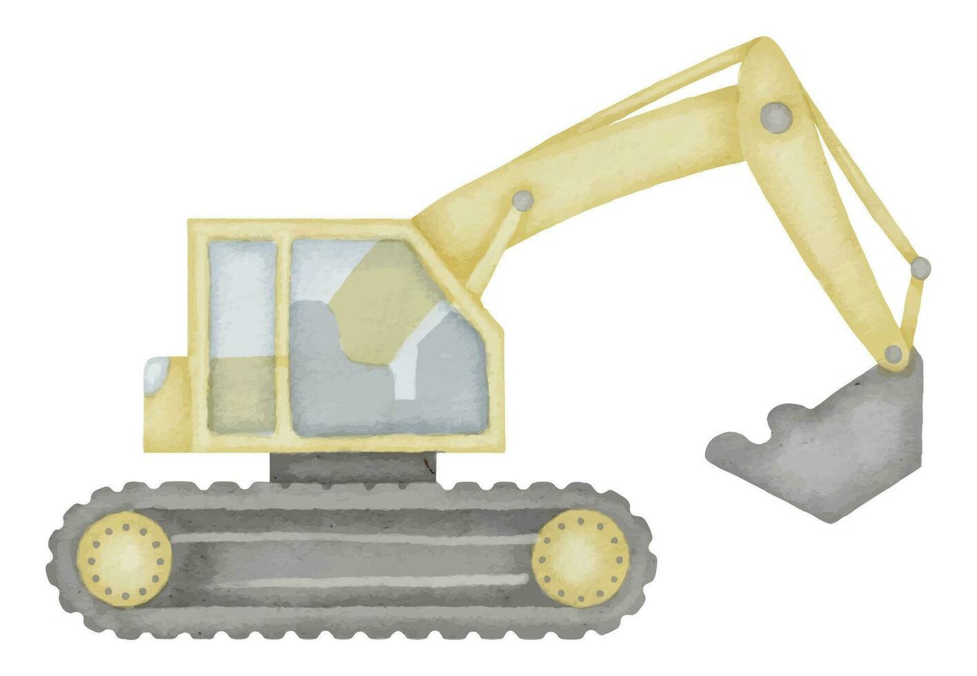 escavadora aguarela ilustração. mão desenhado grampo arte do bebê brinquedo amarelo escavador em isolado fundo. desenhando do retroescavadeira máquina. esboço do uma carregador caminhão para construção e escavação vetor