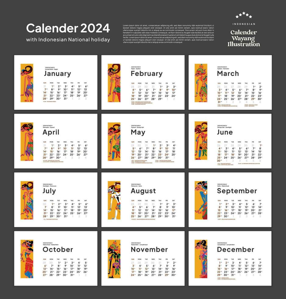 anual calendário 2024 com Indonésia nacional feriado panorama modelo disposição editável texto vetor