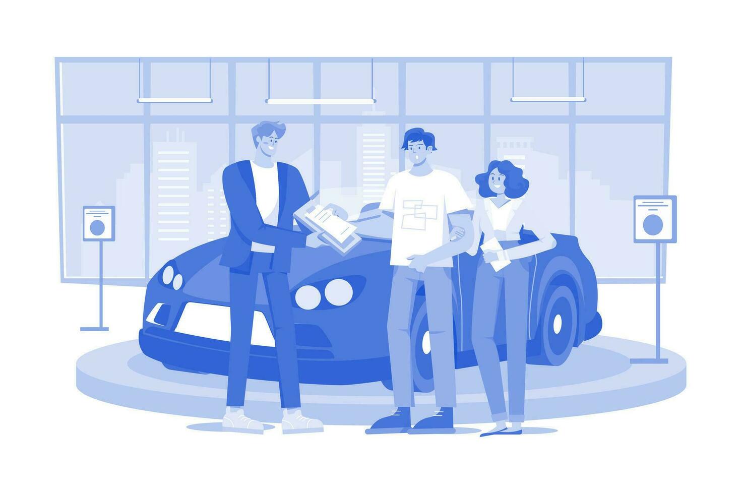 revendedor de carros explicando contrato de venda para um casal comprando um carro vetor