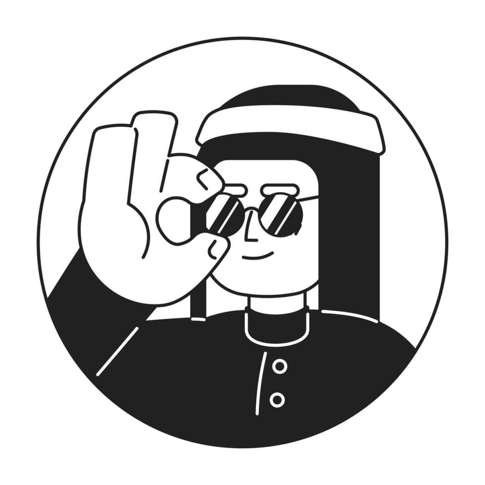 legal saudita homem ajustando oculos de sol Preto e branco 2d vetor avatar ilustração. à moda saudita árabe confiante esboço desenho animado personagem face isolado. moda declaração plano do utilizador perfil imagem