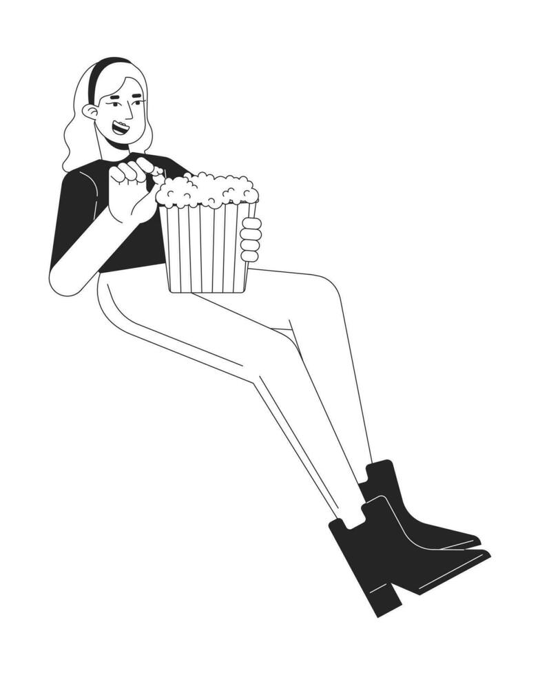 Loiras caucasiano mulher comendo Pipoca Preto e branco 2d linha desenho animado personagem. assistindo filme dentro cinema menina isolado vetor esboço pessoa. entretenimento mostrar monocromático plano local ilustração