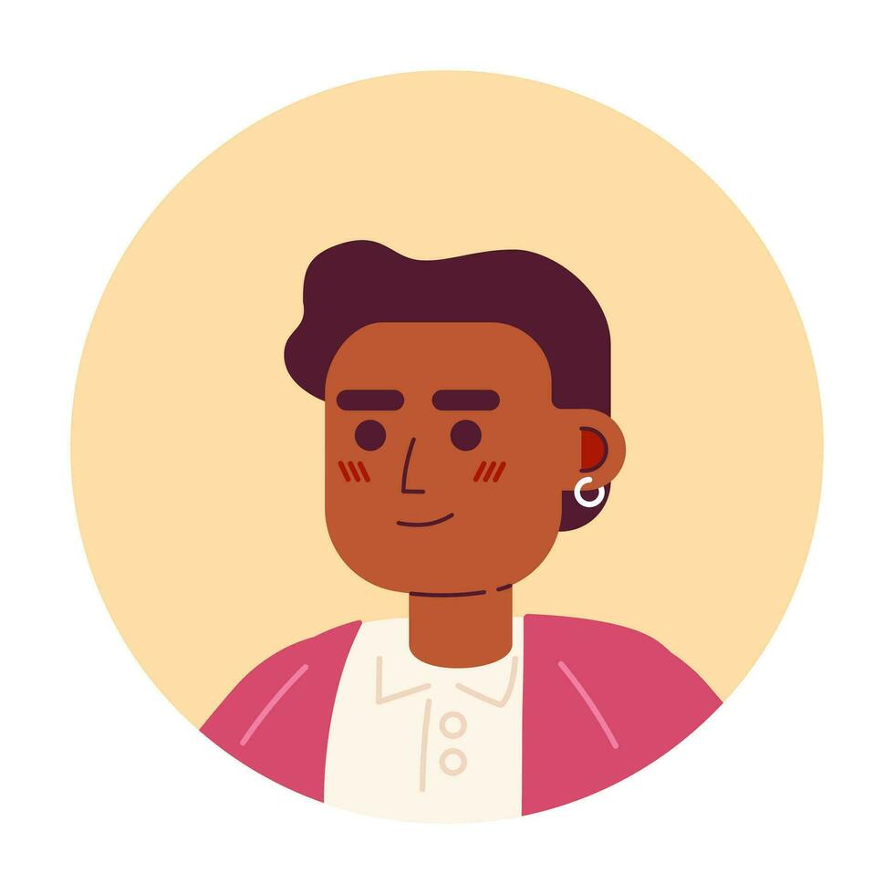 aro brinco Preto jovem homem relaxado em pé 2d vetor avatar ilustração. alegre africano americano cara desenho animado personagem face. confiante Tiros na Cabeça plano cor do utilizador perfil imagem isolado em branco