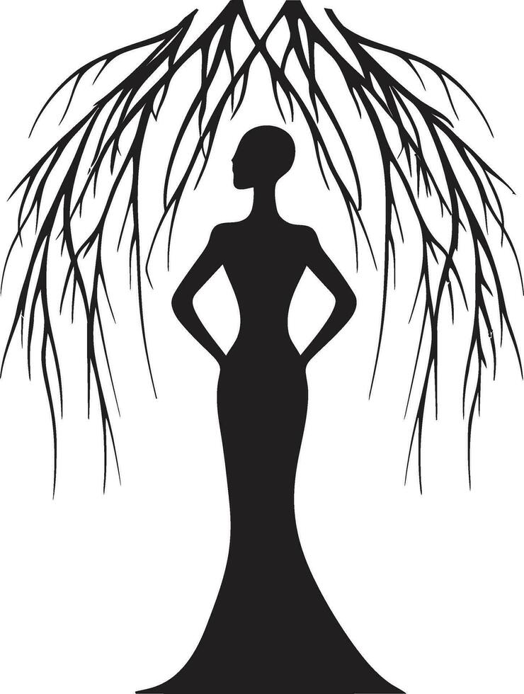 esculpido espírito salgueiro árvore escultura com mulher toque naturezas abraço mulher Como salgueiro árvore dentro Preto emblema vetor