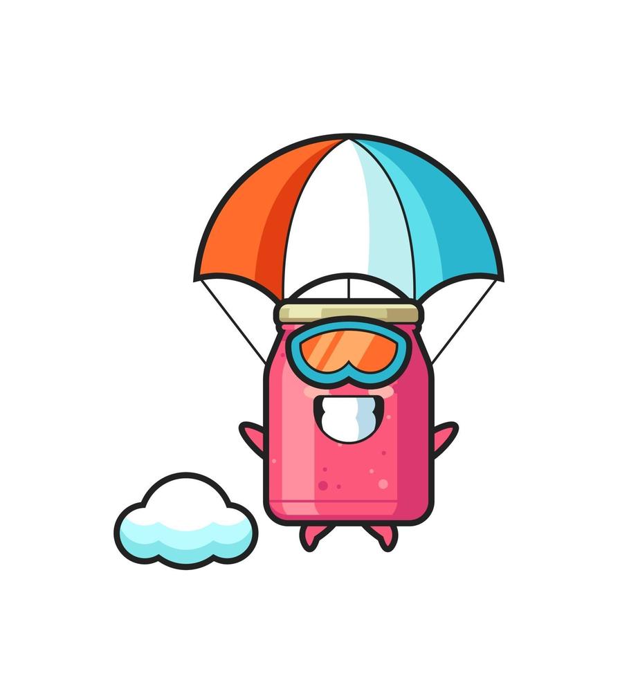 O desenho do mascote de geleia de morango está fazendo paraquedas com um gesto feliz vetor