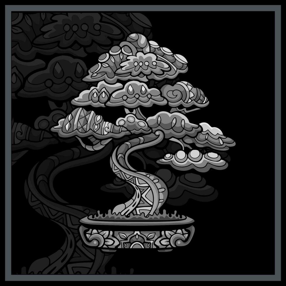 monocromático bonsai árvore mandala artes isolado em Preto fundo. vetor