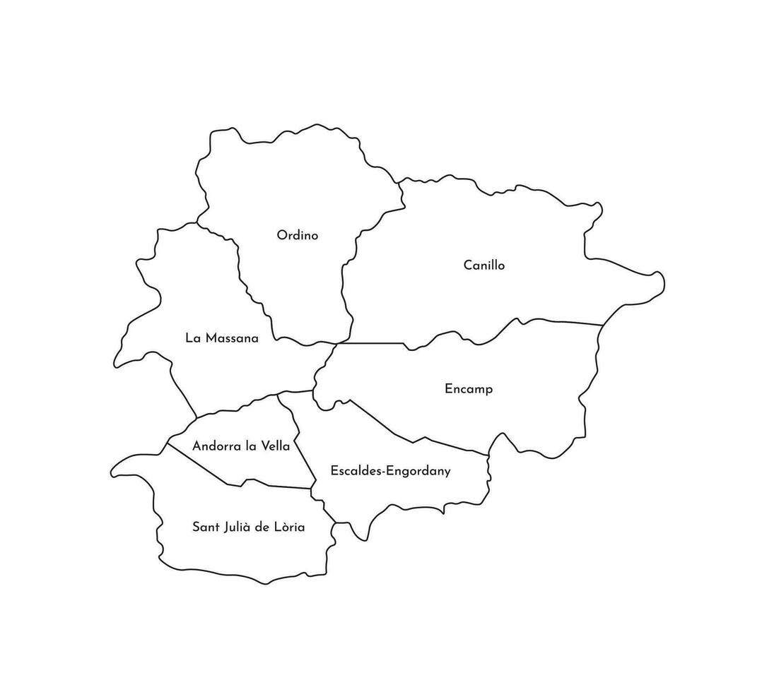 vetor isolado ilustração do simplificado administrativo mapa do andorra. fronteiras e nomes do a paróquias, regiões. Preto linha silhuetas.
