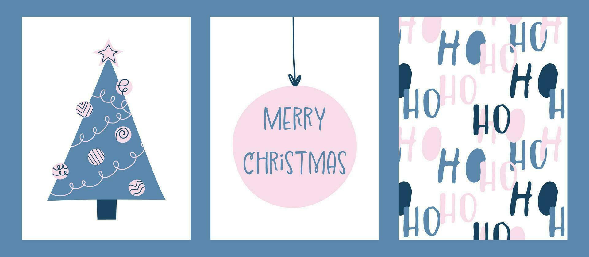 alegre Natal conjunto cumprimento cartões, feriado capas, desatado padronizar. moderno natal Projeto com triângulo abeto padronizar dentro azul e Rosa cores dentro ingênuo estilo. Natal árvore, bola, Hohoho padronizar vetor