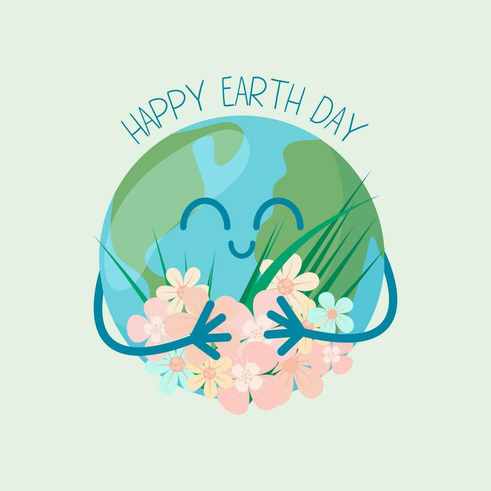 feliz terra dia. planeta terra com flores e grama. carinhoso para a terra, protegendo a meio Ambiente vetor