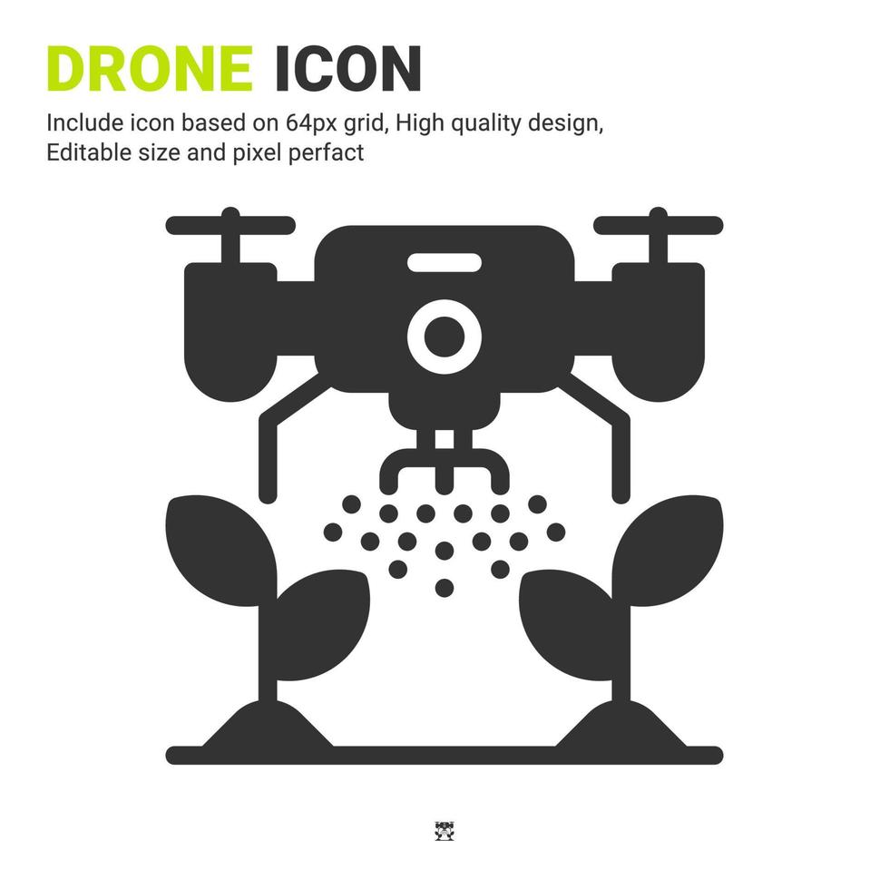 drone e planta ícone do vetor com estilo glifo isolado no fundo branco. ilustração vetorial conceito de ícone de símbolo de sinal de rega para agricultura digital, negócios, agricultura, aplicativos e todos os projetos