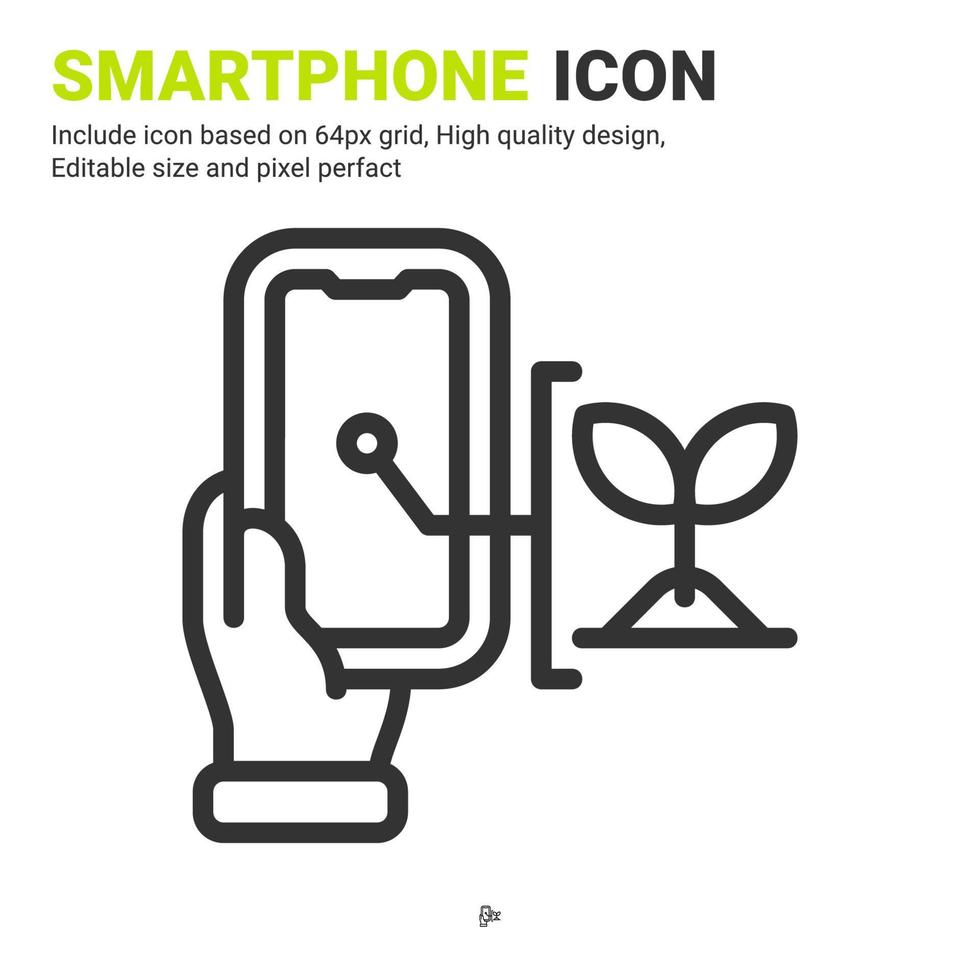 vetor de ícone de smartphone e planta com estilo de contorno isolado no fundo branco. ilustração vetorial conceito de ícone de símbolo de sinal de telefone para agricultura digital, logotipo, agricultura, aplicativos e todos os projetos