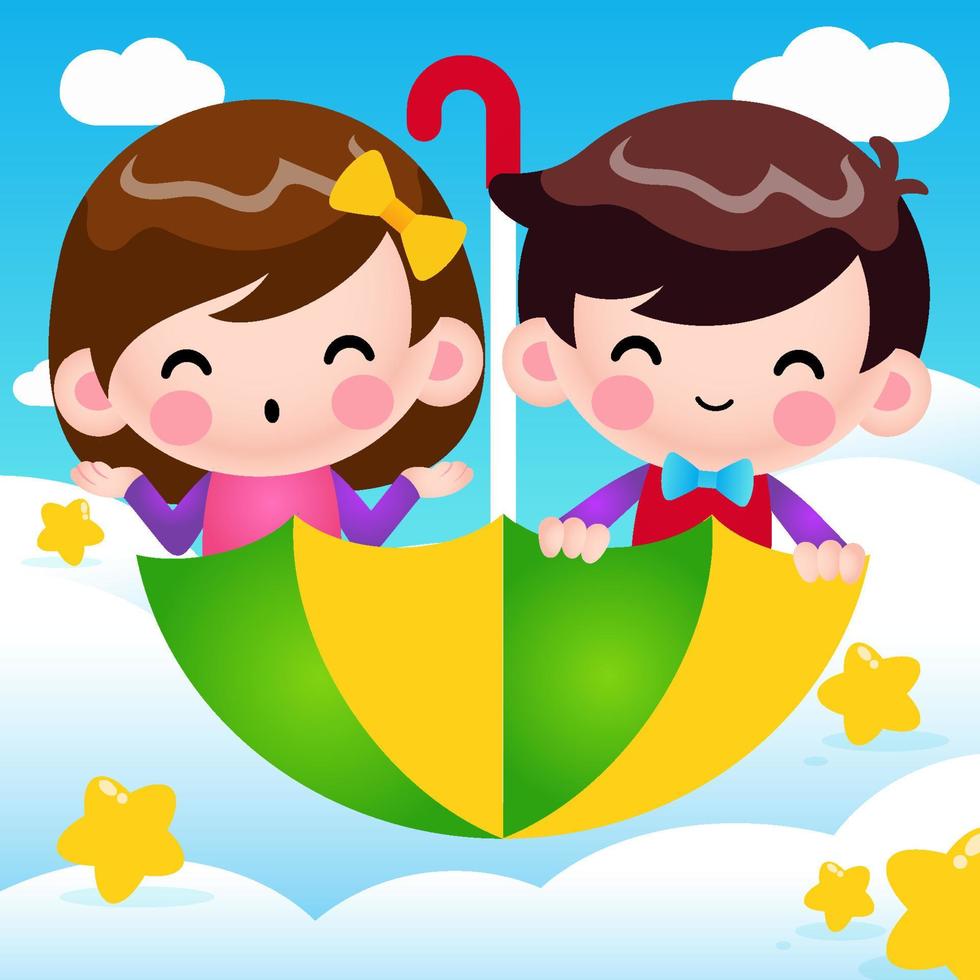 desenho animado menino e menina montando guarda-chuva voador vetor