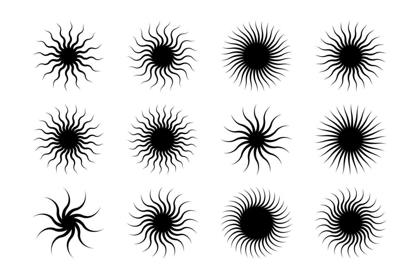 vintage anos 90 reluzente coleção, ondulado Sol raios, Sol logotipo projeto, radial Sol feixes vetor