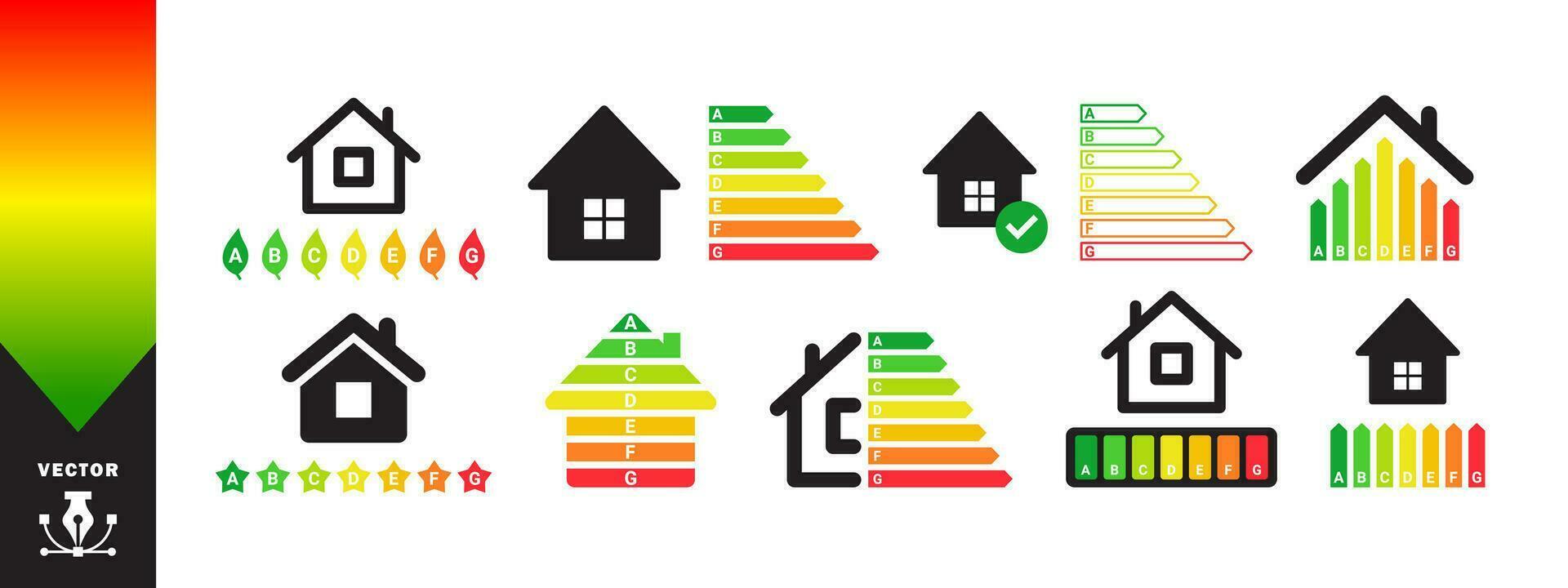 energia eficiência ícones definir. energia eficiente casa com classificação gráfico. vetor escalável gráficos
