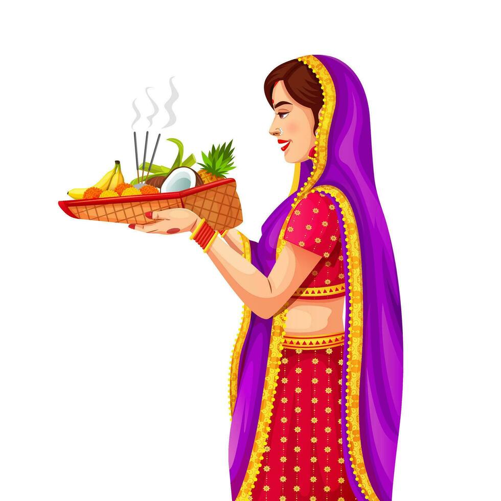 feliz chhath puja festival feriado cartão fundo. mulher a partir de Bihar oferta orações para a Sol vetor