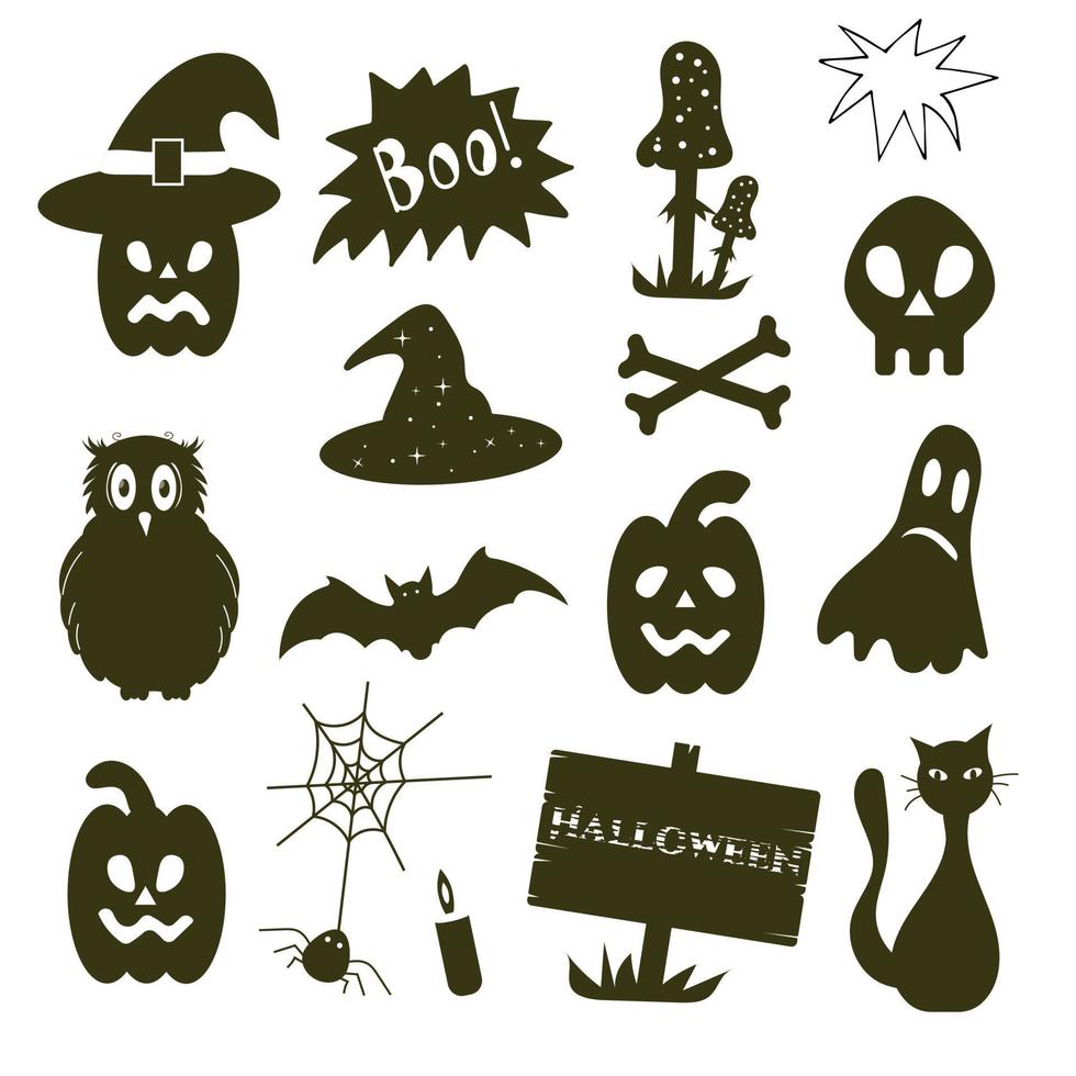 conjunto de elementos de halloween com caveira e ossos, abóbora, agaric mosca vetor