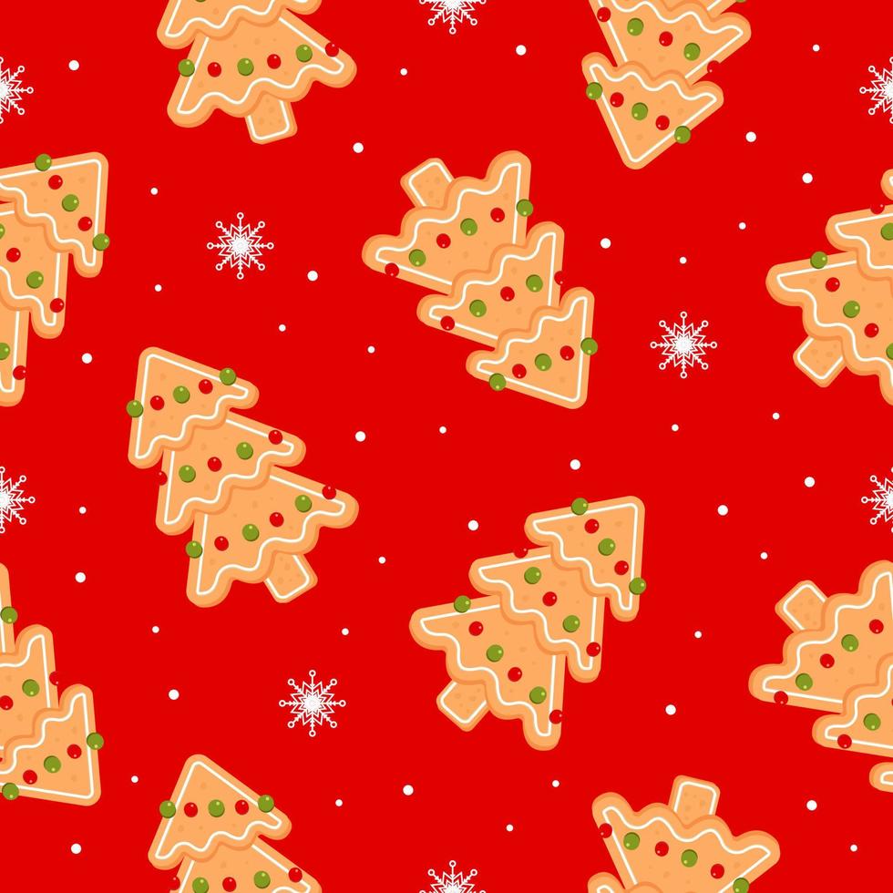 padrão sem emenda com árvore de Natal e floco de neve. biscoitos de gengibre em fundo vermelho. ilustração vetorial plana de ícone de natal vetor