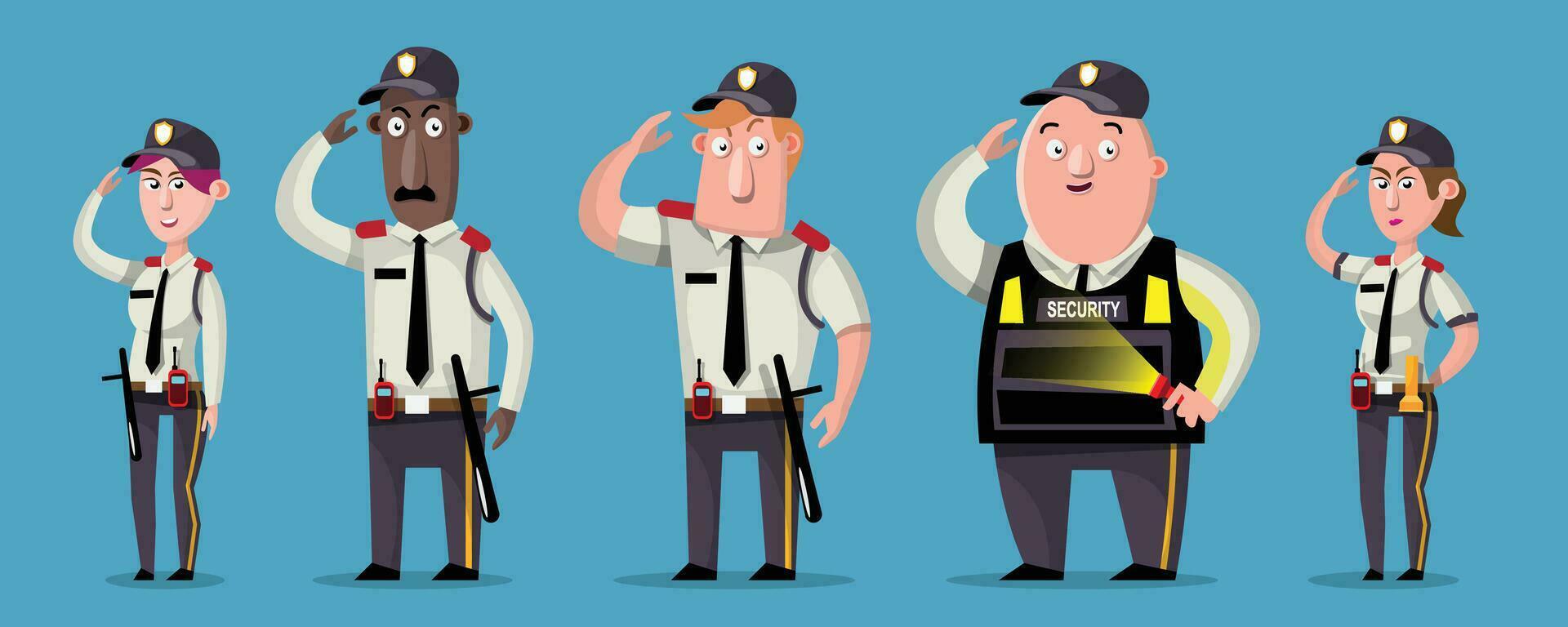 segurança equipe dentro mesmo uniforme, personagem desenho animado estilo. vetor
