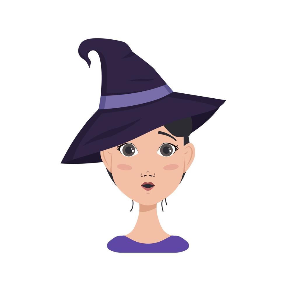 avatar de mulher asiática com cabelo escuro, emoções surpresa, rosto de olhos abertos e boca redonda, usando um chapéu de bruxa. personagem de halloween fantasiado vetor