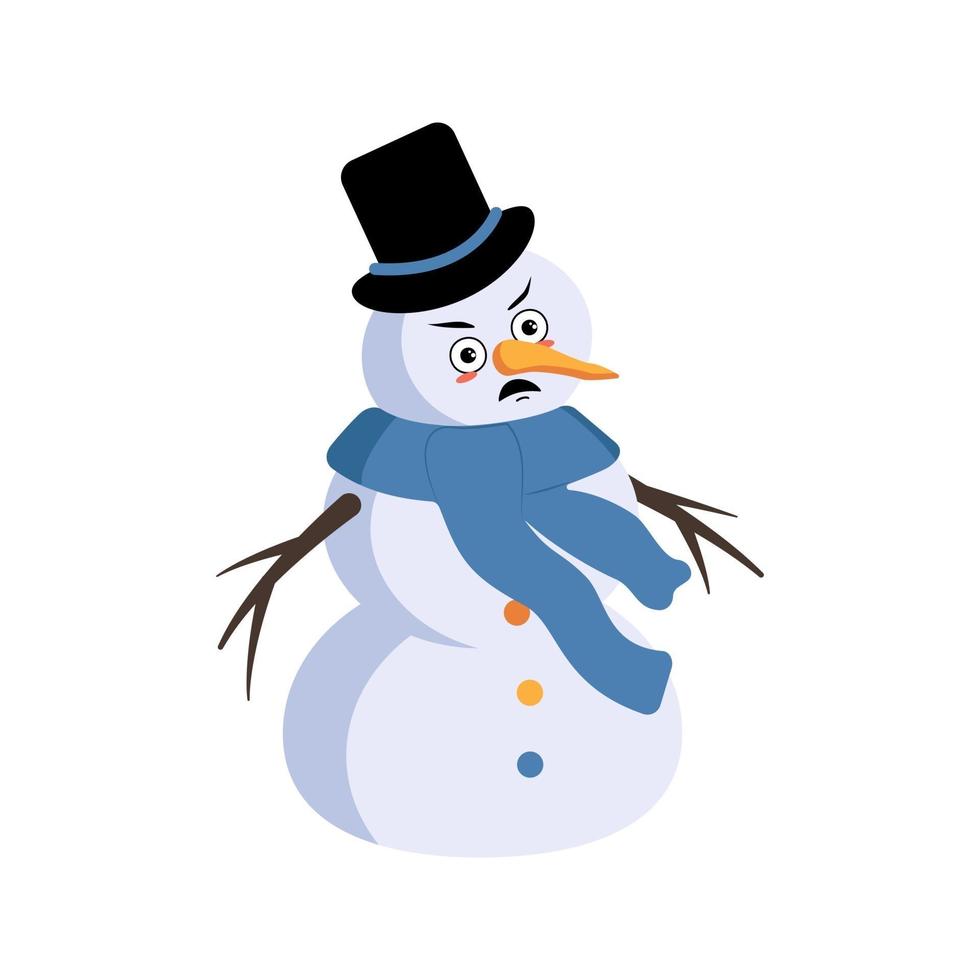 boneco de neve de Natal bonito com emoções de raiva, cara mal-humorada, braços e pernas. alegre decoração festiva de ano novo com expressão furiosa vetor