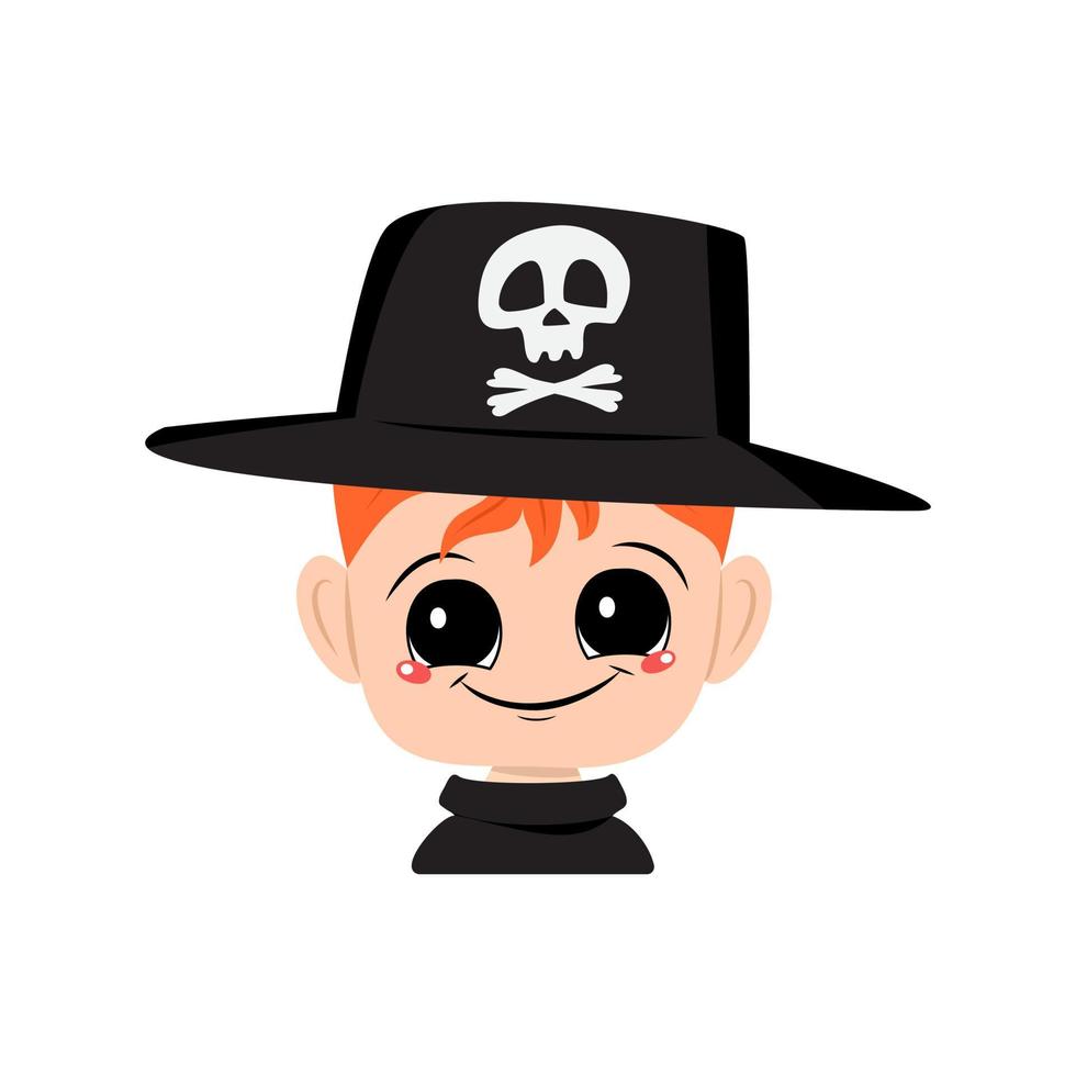 avatar de um menino de cabelos ruivos, olhos grandes e um sorriso largo e feliz, usando um chapéu com uma caveira. a cabeça de uma criança com um rosto alegre. decoração de festa de halloween vetor