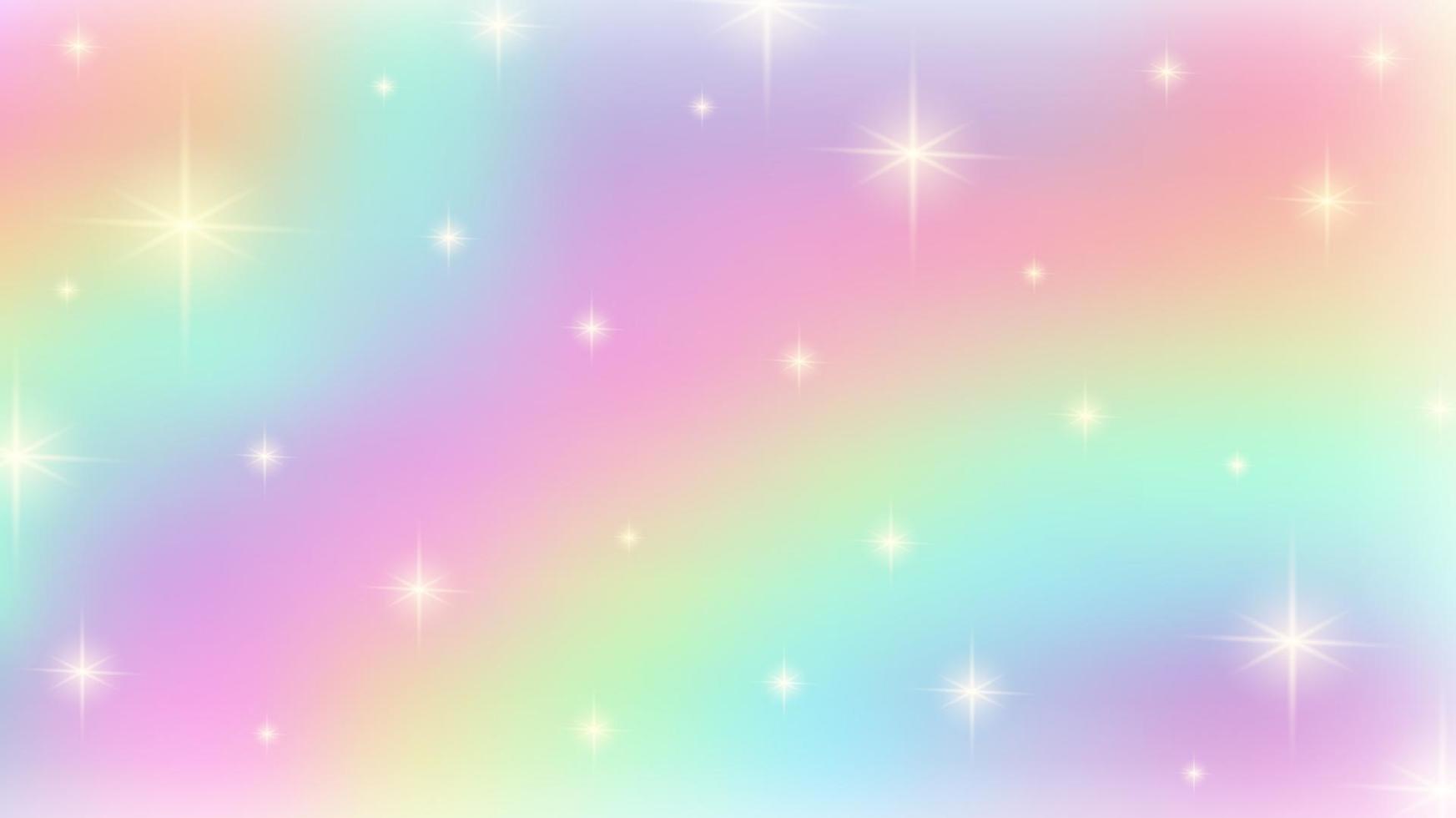 fundo de fantasia de arco-íris. cores pastel holográficas. céu com estrelas. vetor