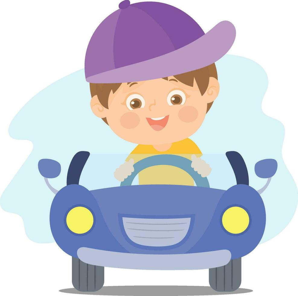 engraçado pequeno Garoto dirigindo uma brinquedo carro vetor
