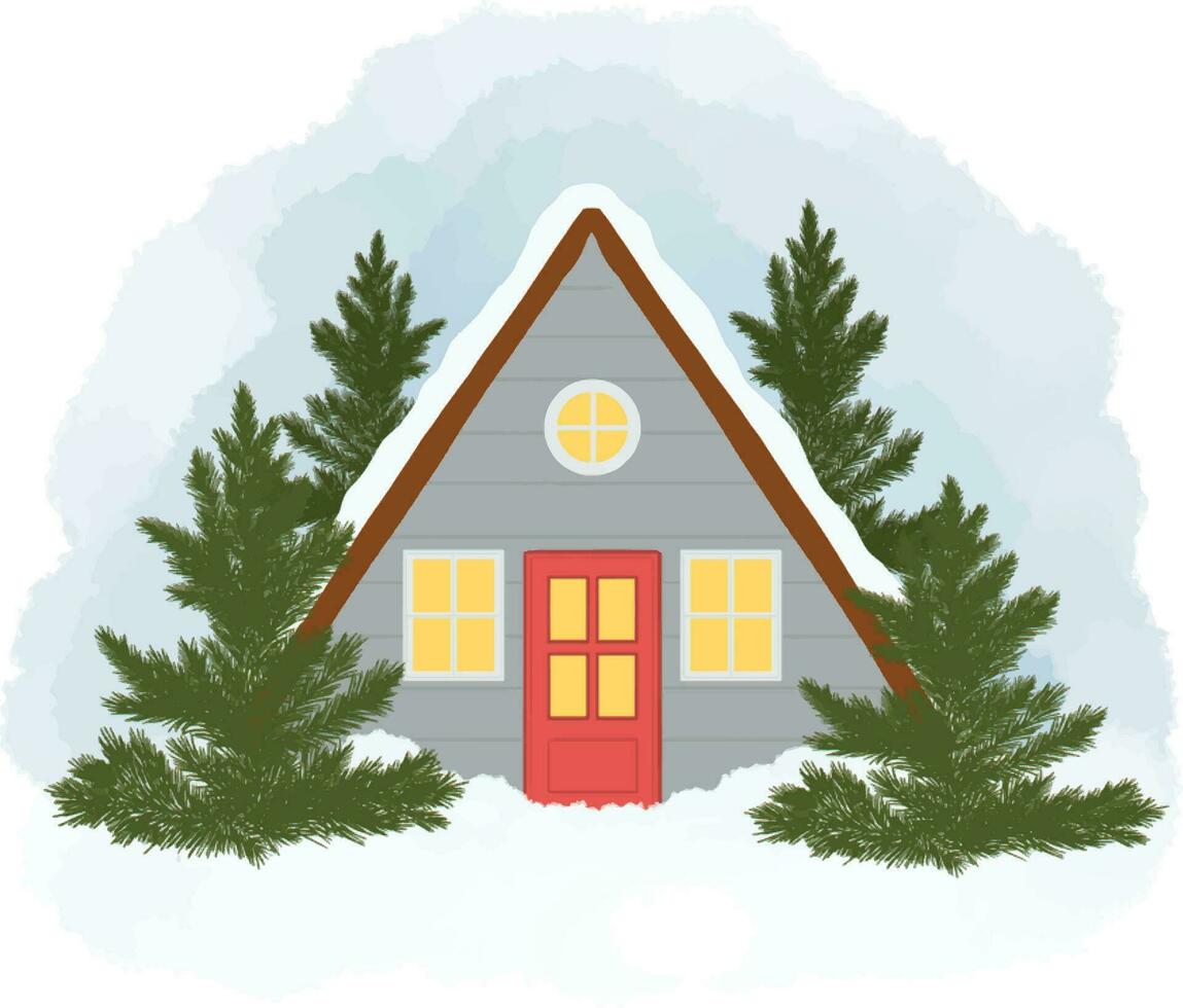 inverno casa e país chalé com cobertura coberto com branco neve e iluminação janela vetor