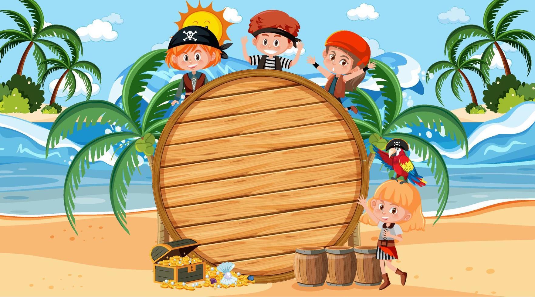 crianças piratas na cena diurna da praia com um modelo de banner vazio vetor