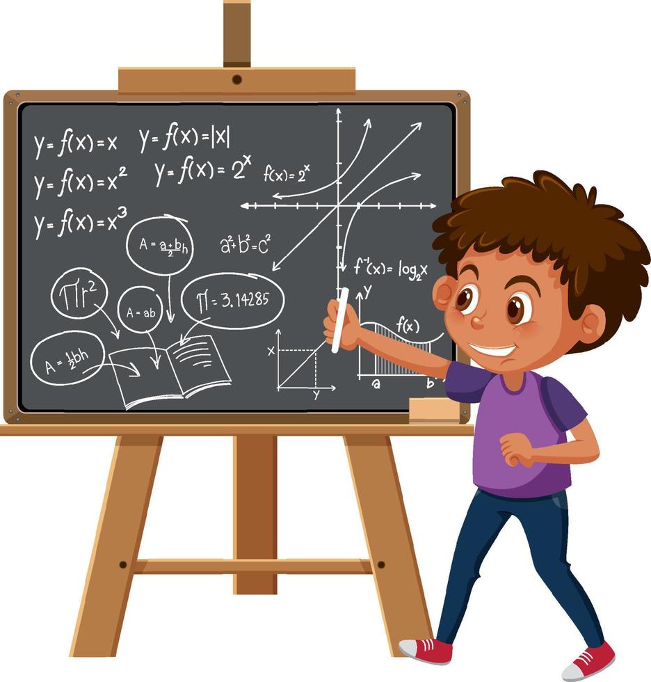 menino escrevendo fórmula matemática no quadro-negro vetor
