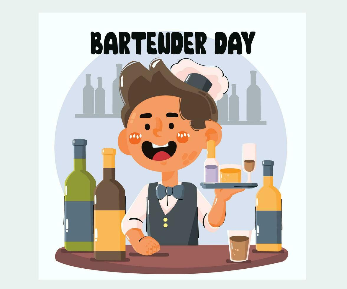 barman segurando uma prata bandeja com uma garrafa ilustração vetor