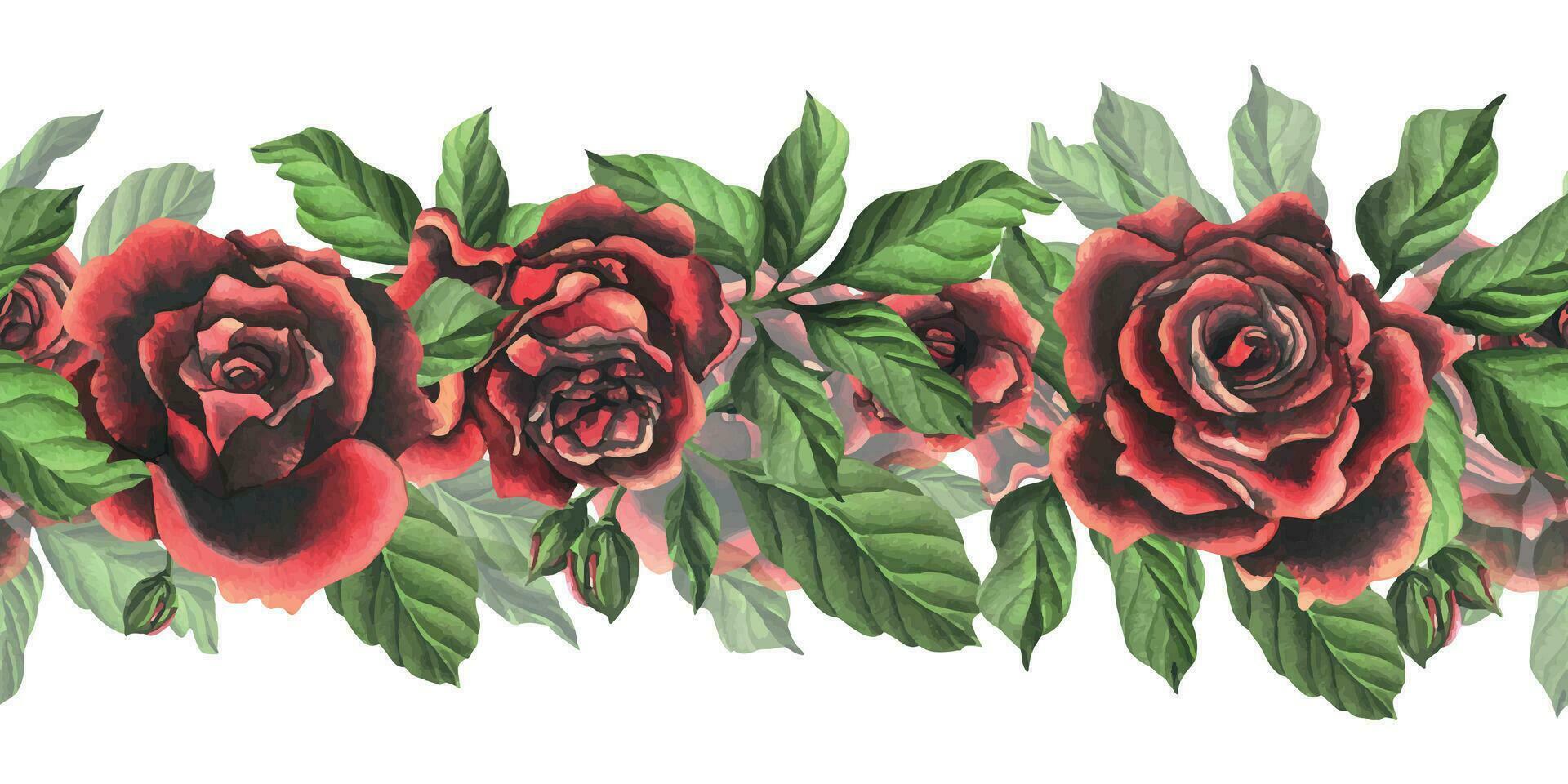 vermelho preto rosa flores com verde folhas e botões, chique, brilhante, lindo. mão desenhado aguarela ilustração. desatado fronteira uma branco fundo, para decoração e Projeto vetor
