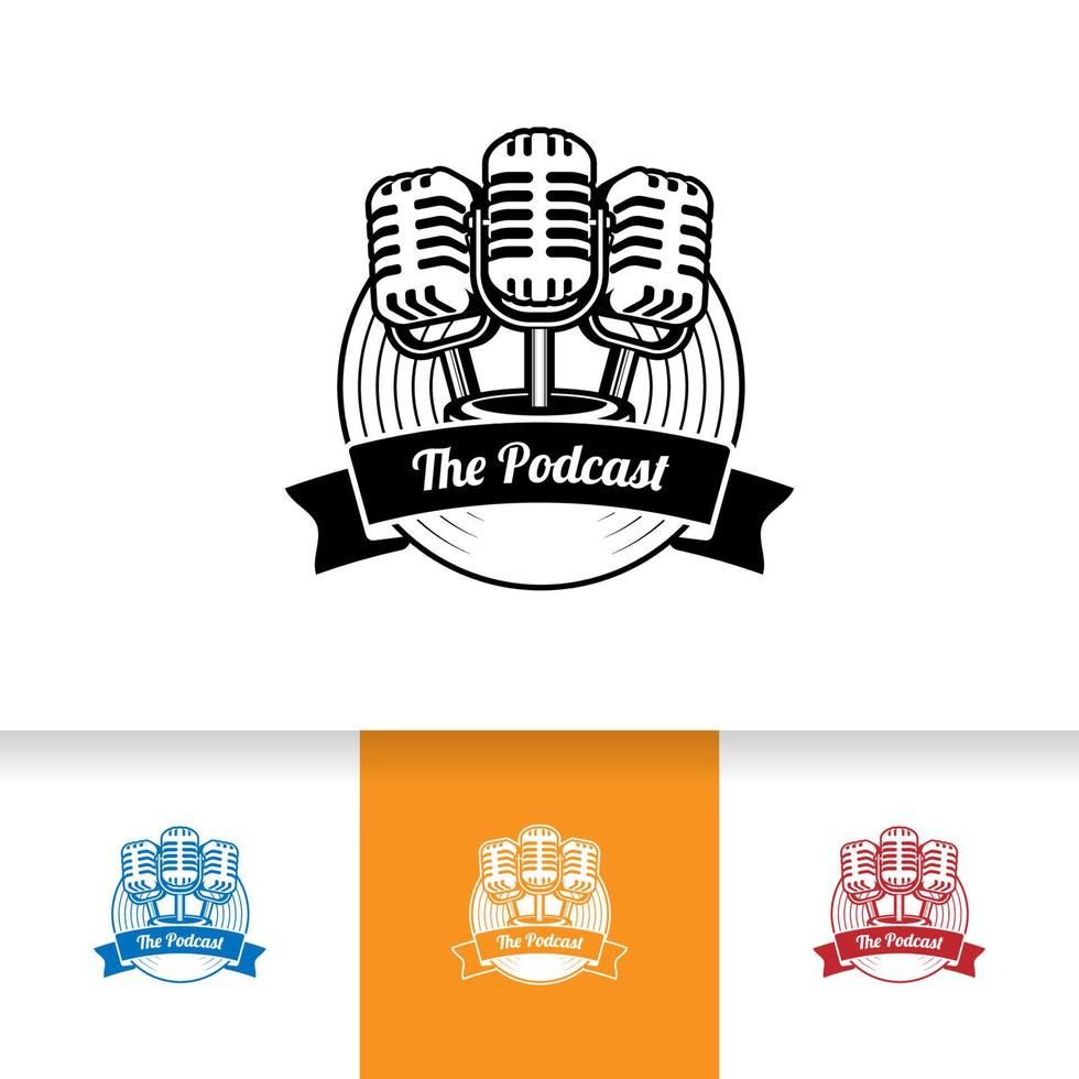 logotipo de karaokê vocal de podcast ou cantor com ícone de microfone e vinil. vetor