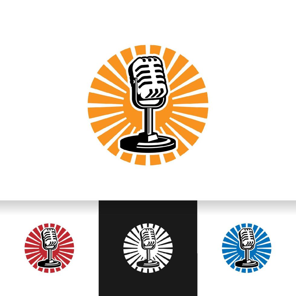 modelo de logotipo de podcast. microfone do microfone e ilustração do nascer do sol. vetor