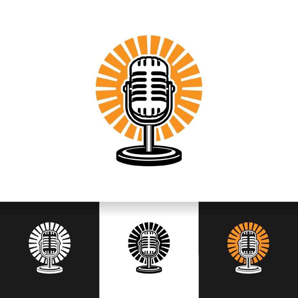 modelo de logotipo de podcast. microfone do microfone e ilustração do nascer do sol. vetor