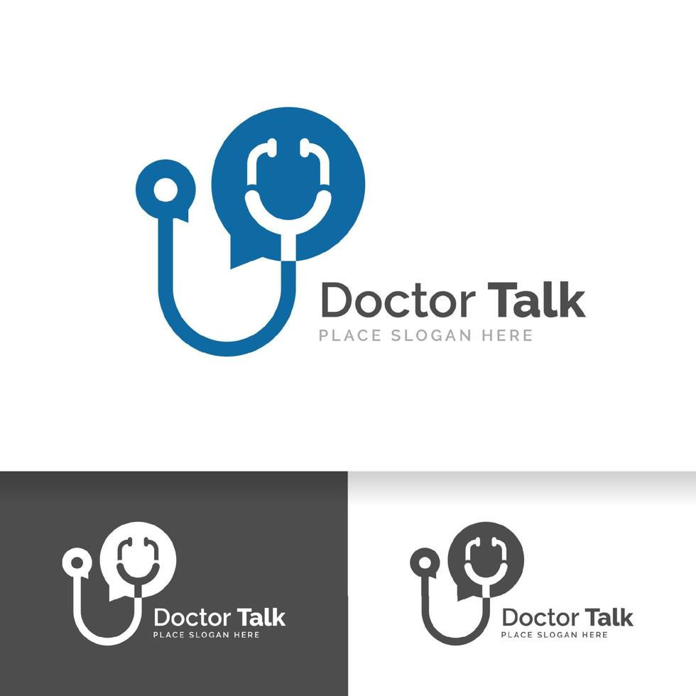 médico falar modelo de design de logotipo. estetoscópio isolado no bate-papo da bolha vetor