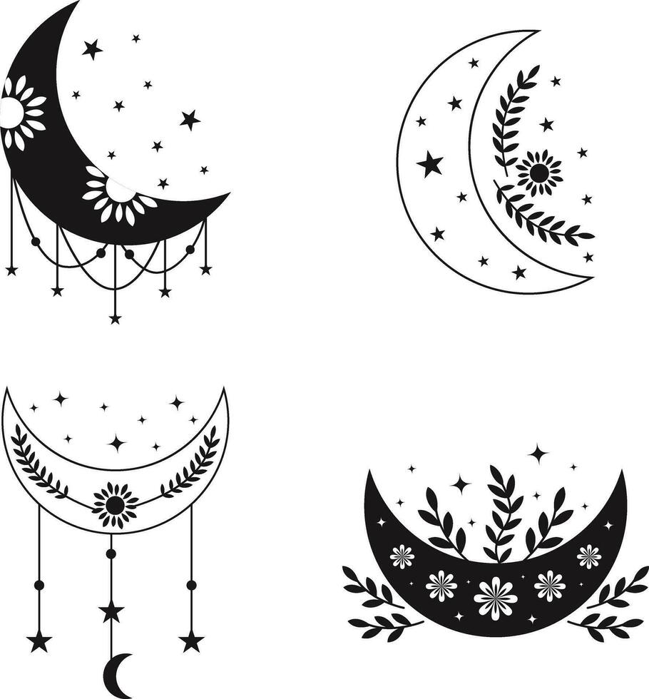 celestial lua decoração com flores, folhas, estrelas enfeites. crescente lua. isolado em branco fundo. vetor ilustração definir.