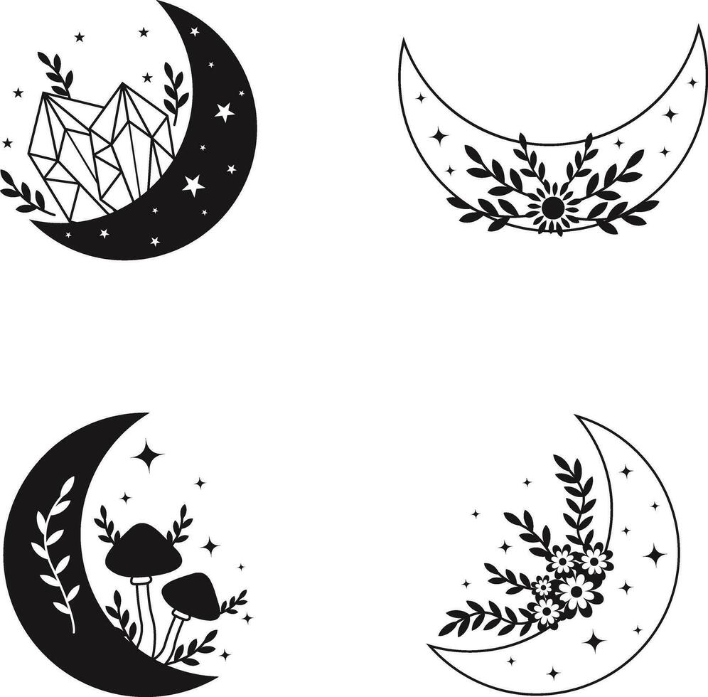 celestial lua decoração com flores, folhas, estrelas enfeites. crescente lua. isolado em branco fundo. vetor ilustração definir.