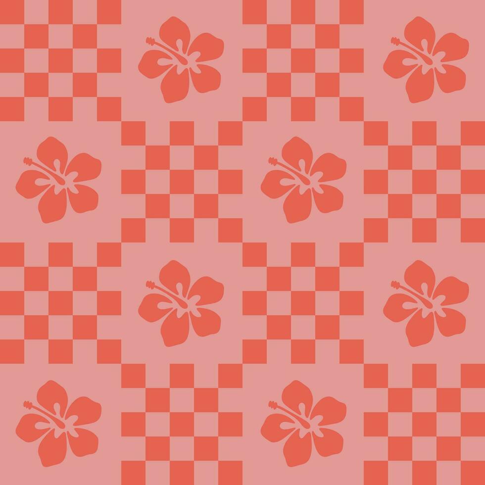 fofa ano 2000 patchwork desatado padronizar fundo, coral Rosa tabuleiro de damas e mão desenhado hibisco flor ícone. moderno, na moda vetor projeto, estético impressão para têxtil, papel de parede. verão pano de fundo.