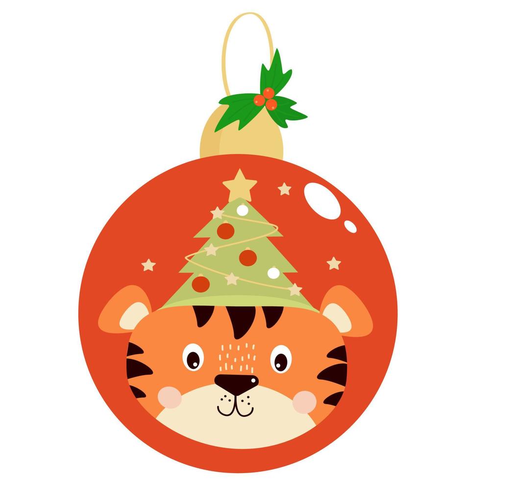 bola de ano novo com tigre e árvore de natal vetor