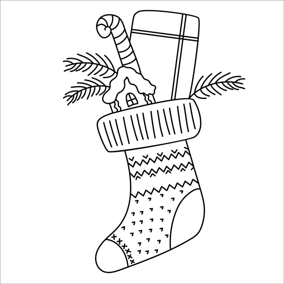bota de natal com presentes. desenho de linha vetor