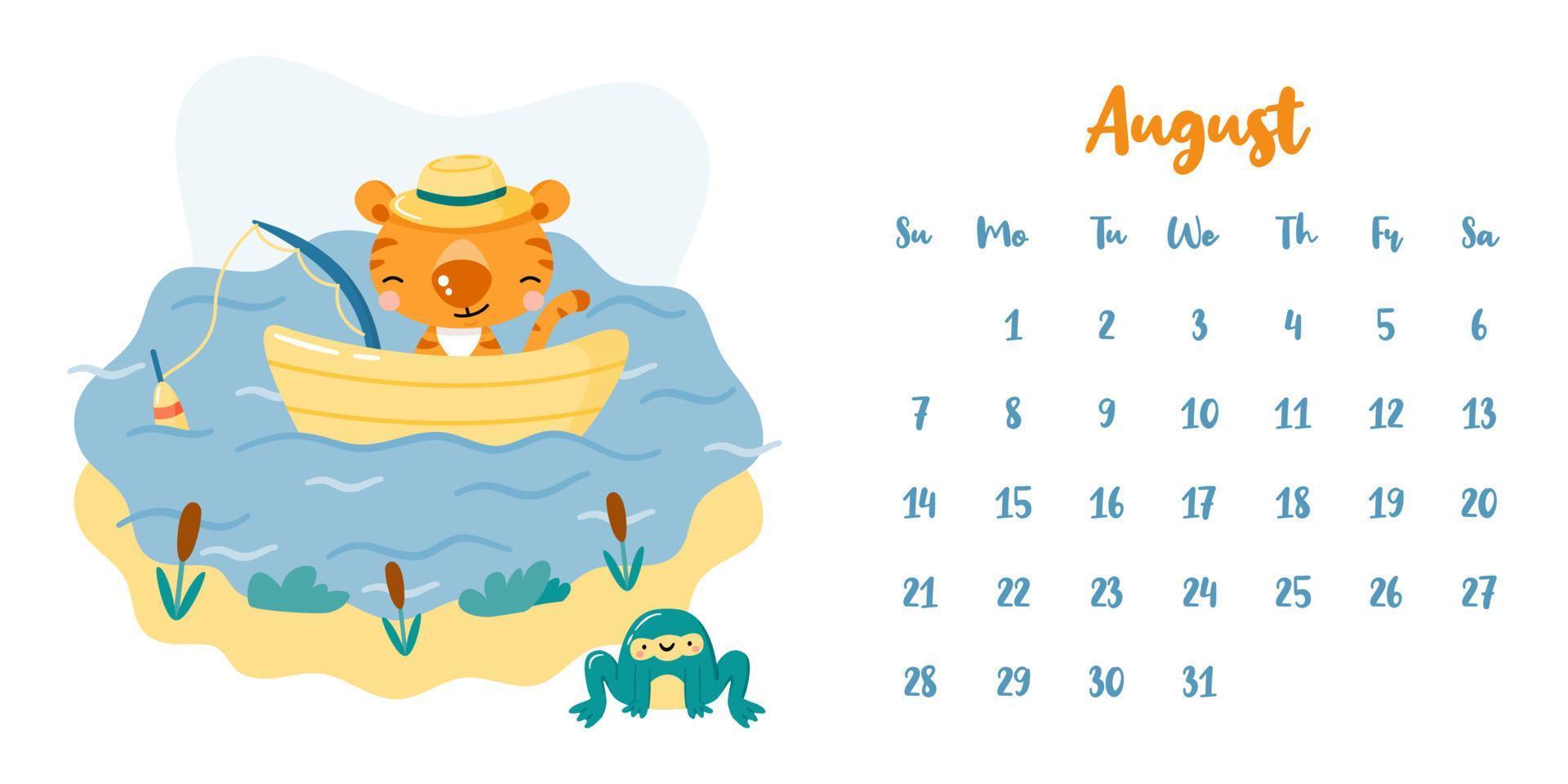 calendário para agosto de 2022 com um tigre de pesca bonito dos desenhos animados no barco vetor